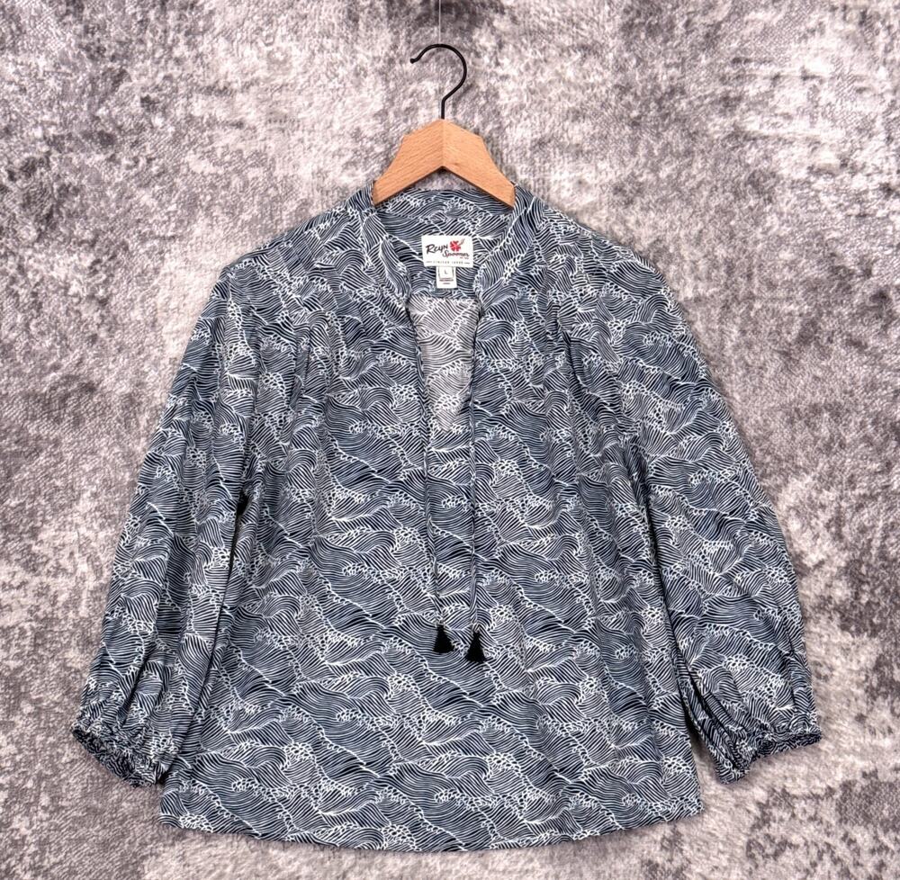 Reyn Spooner Top Large Womens Wave Print Tasseled Pop Over Blouse